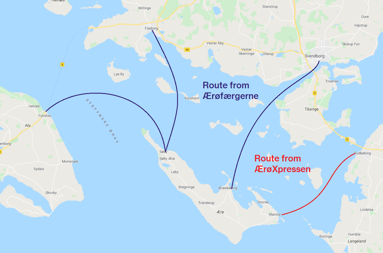 A map of the waters around Ærø indicating the ferry connections